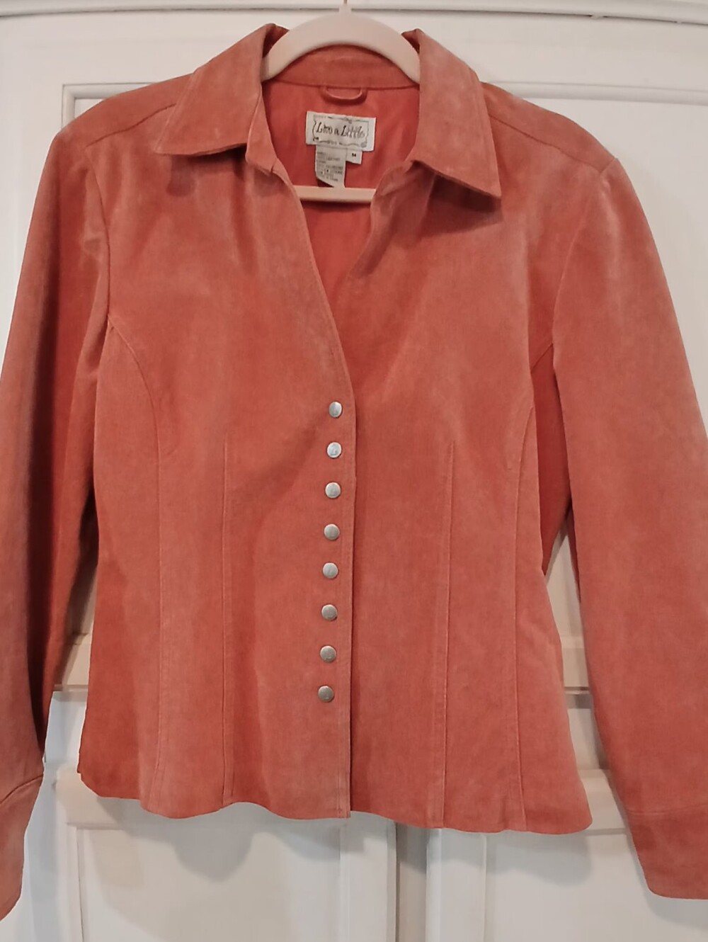 Live a Little women's jacket, 100% Suede leather, coral, snap front closure M